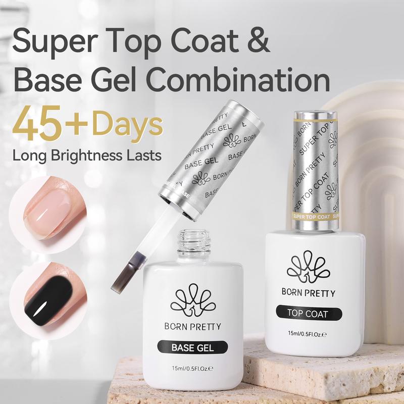 BORN PRETTY Gel Top Coat,15ml Gloss Base and Top Coat Set, No Wipe Super Top Coat Not Chip or Peel and Long Lasting Base Gel Top Coat for Nail Art Nail Polish Nail Care