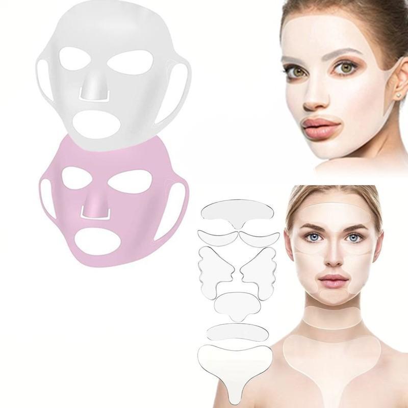 Reusable Silicone Face Mask Set, 8 Counts Silicone Face Patch & 2 Counts Face Mask Shield, Face Lifting Mask Set, Skin Care Tool for Women