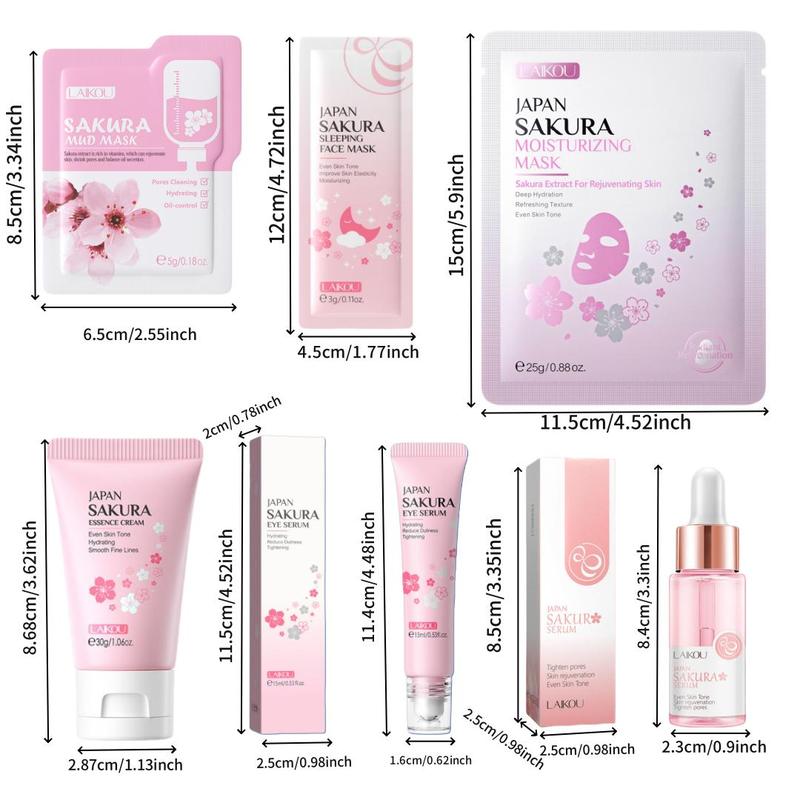 Sakura Skincare Set, 18pcs set Moisturizing Facial Cream & Face Serum & Eye Serum & Sleeping Mask & Mud Mask & Hydrateing Mask, Skin Care Kit for Women