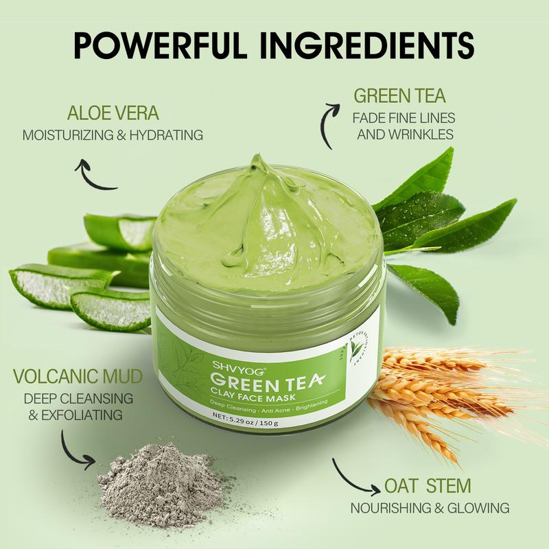 SHVYOG Green Tea Face Mask, Green Tea Clay Mask with Volcanic Mud, Deep Cleansing & Moisturizing & Hydrating Clay Facial Mask Hydrate Moisturize