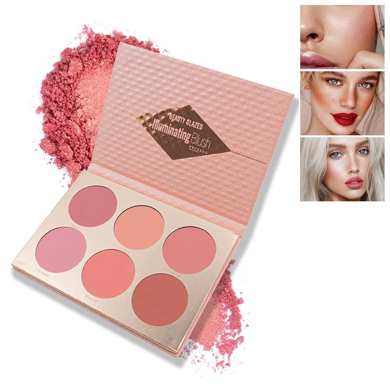 6 Colors Natural Blusher Palette, Long Lasting Shimmering Blush Palette, Cheeks Contour Blush Pressed Powder, Natural Look Blush for Daily Makeup