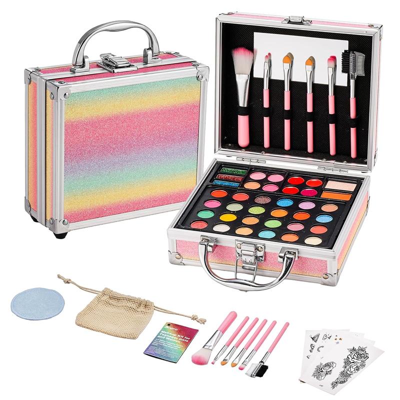 All-In-One Makeup Carry Case with Pro Teen Makeup Set, Full Starter  Kit with Makeup Brushes, Eye Shadows Palette, Blushes, Glitter Gel, Temporary  Stickers - Colorful