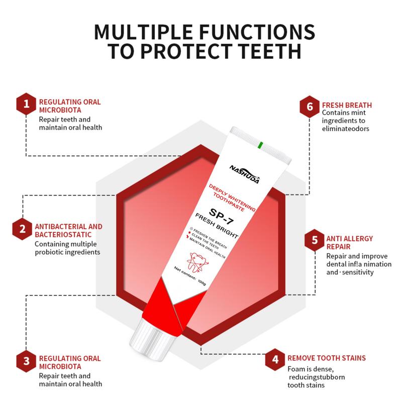 NASHUDA SP-7 Probiotic Toothpaste EnhancedFormula Balances The OralMicrobiome, Removes Stains, AndProvides Long-lasting Fresh Breath