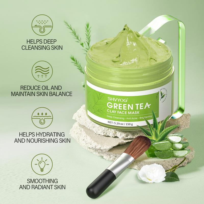 SHVYOG Green Tea Face Mask, Green Tea Clay Mask with Volcanic Mud, Deep Cleansing & Moisturizing & Hydrating Clay Facial Mask Hydrate Moisturize