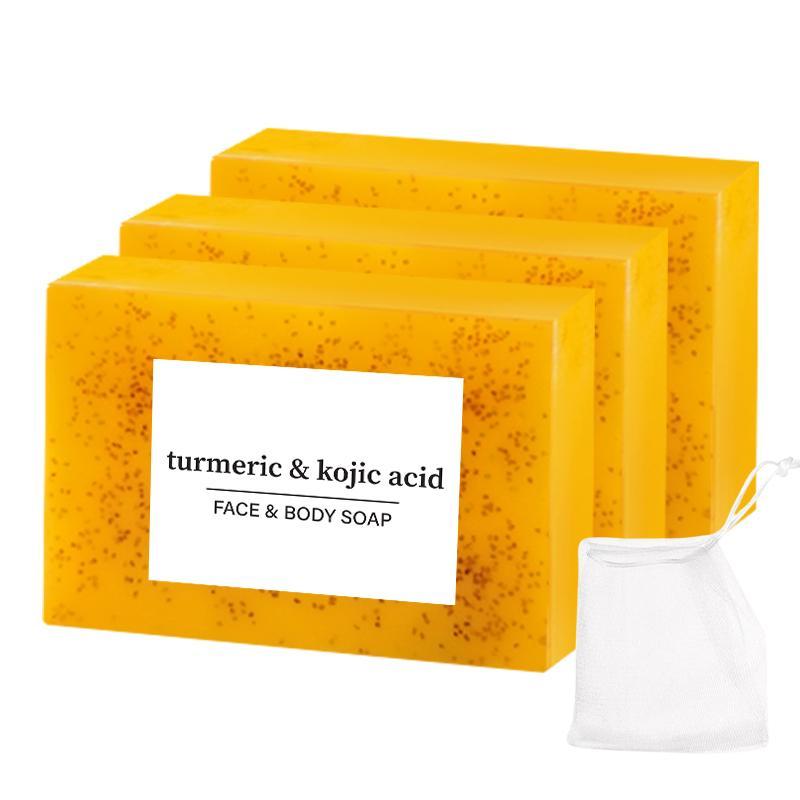 Turmeric & Kojic Acid Soap Bar with Soap Bag, 3 Counts set Moisturizing Gentle Kojic Acid Soap, Body Care Soap for Women & Men, Christmas Gift