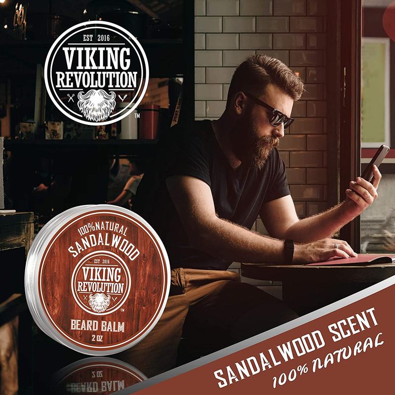 Beard Balm with Sandalwood Scent and Argan & Jojoba Oils- Styles, Strengthens & Softens Beards & Mustaches - Leave in Conditioner Wax for Men by Viking Revolution (1 Pack)