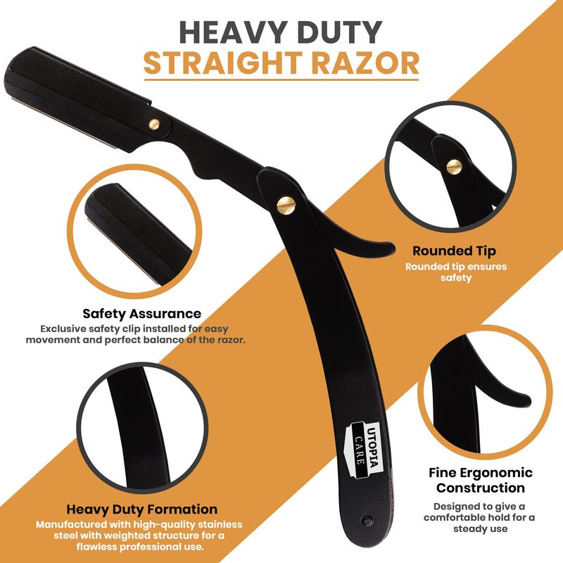 Professional Barber Straight Edge Razor Safety with 100-Pack Derby Blades - 100 Percent Stainless Steel (Black)