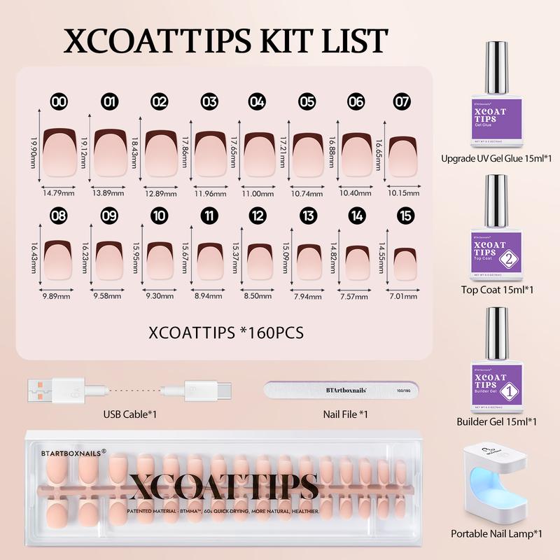 btartboxnails XCOATTIPS French Tip Press on Nails -Square or Almond Skin tones Press On Nails , 46.99$ Short Fake Nails Kit with UV Glue, Nails Lamp, All in One Soak Off Acrylic Fake Nail Extension