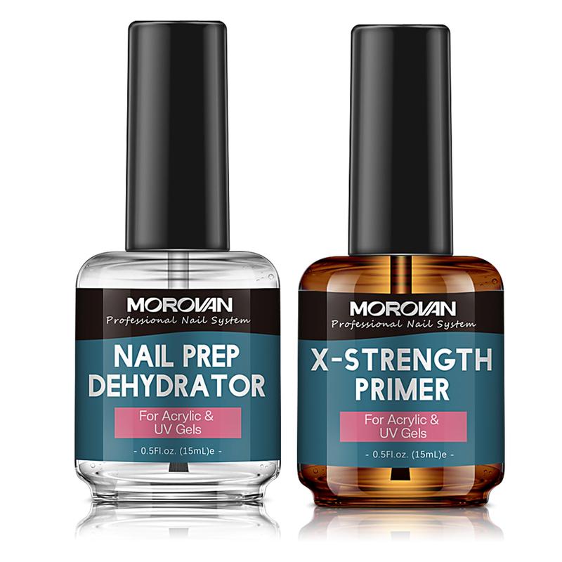 MOROVAN Nail X-strength Primer and Prep Dehydrator - No Burn Non Acid Nail Primer and Dehydrator for Acrylic Powder Fast Dry 0.5oz Nail Primer Set