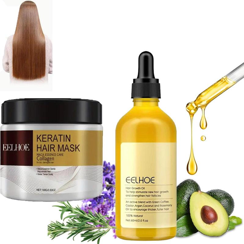 Organic Pure Natural Hair Mask & Hair Oil Set, 2 Counts set Deep Moisturizing Hair Soft Mask & Hair Density Essential Oil, Suitable for All Types Of Hair