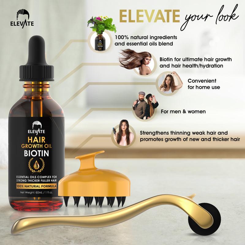 ELEVATE 3-in-1 Hair Derma Roller Growth Kit with Organic Biotin Oil and Silicone Scalp Massager - Haircare Hair Growth Comfort Argan Jojoba Rosemary