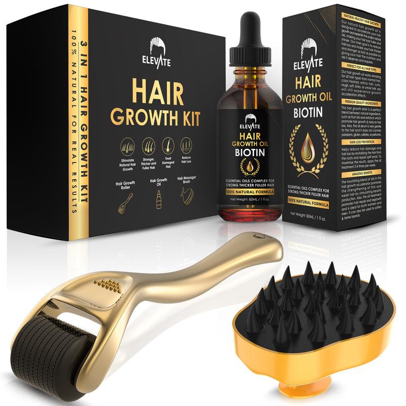 ELEVATE 3-in-1 Hair Derma Roller Growth Kit with Organic Biotin Oil and Silicone Scalp Massager - Haircare Hair Growth Comfort Argan Jojoba Rosemary