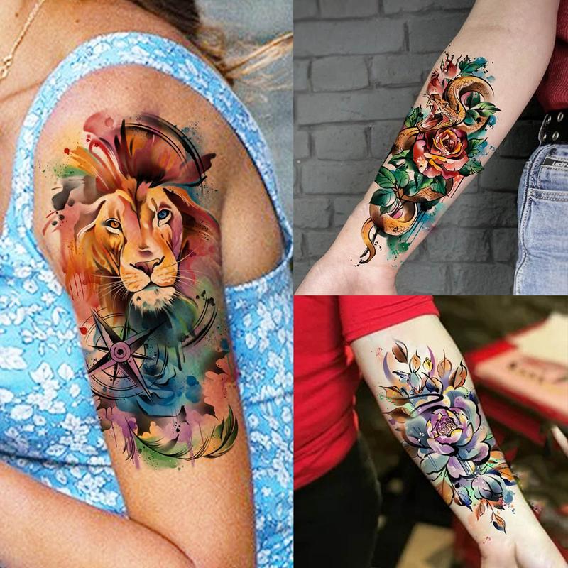 63pcs set Watercolor Flower & Animal Pattern Tattoo Sticker, Fake Tattoo Sticker for Women & Men, Temporary Body Art Decoration, Fake Tattoos Custom