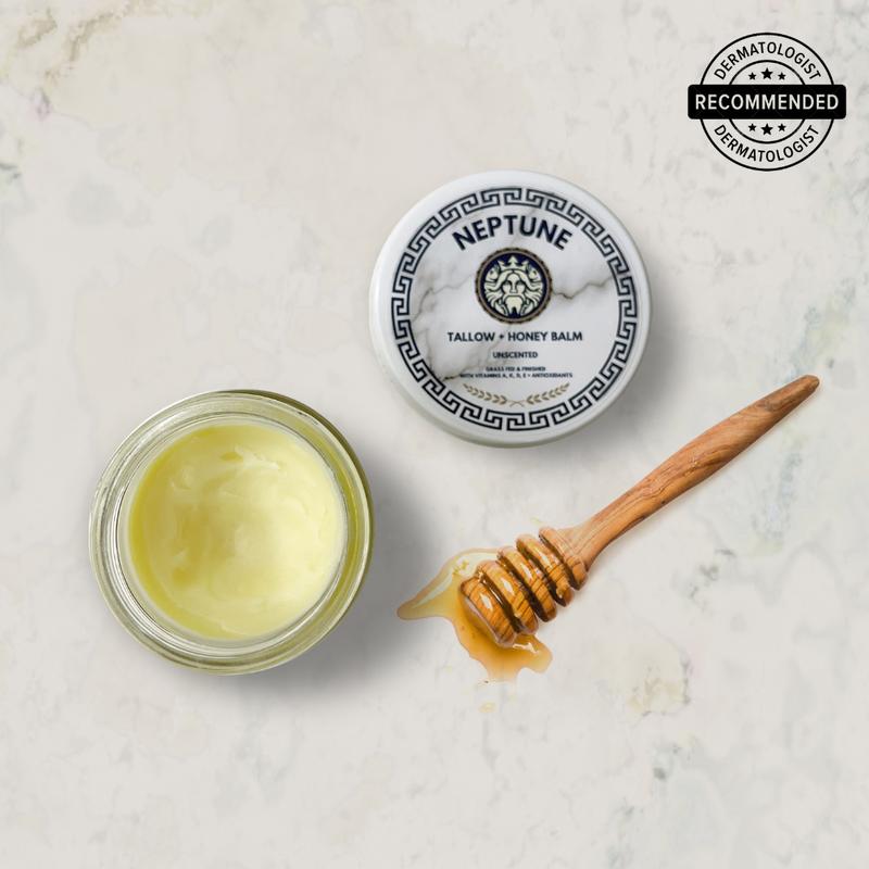 Tallow & Honey Anti-Aging Balm by Neptune - With 850+ MGO Manuka Honey, Grass Fed Finished with Vitamins A, K, D, & E, Cold Pressed Extra Virgin Olive Oil, Beeswax, Manuka Honey, Natural Ingredients. Hydrating Soothing Face Moisturizer, Eczema