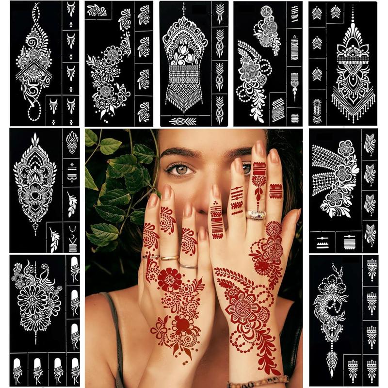 9 Sheets Henna Tattoo Stencils kit for Hand Reusable, Mehndi Temporary Tattoo Adhesive Templates Flower Stencils for Women Girls Face Body Finger Art Paint mask tattoo patch tattoo