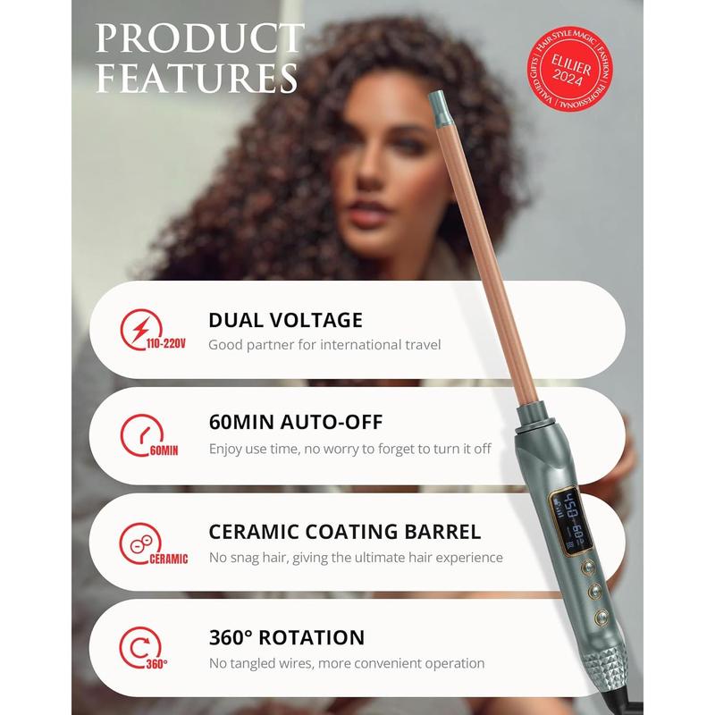 1 2 Inch Small Curling Iron, 13mm Tiny Curling Iron Wand Barrel for Medium Long Hair, Ceramic Skinny Long Barrel Curling Iron w LCD Display, Curling Wand w Heat Glove for Styling, Tight Curls