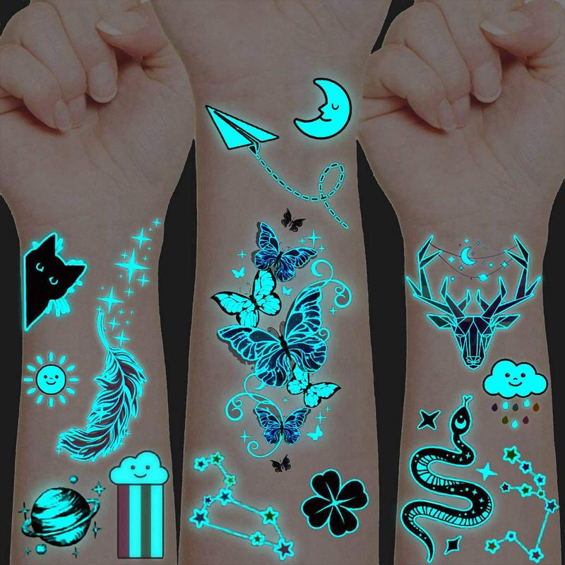 Christmas Cartoon Butterfly Deer Feather Luminous Temporary Tattoo Sticker, 15pcs Glow in the Dark Fake Tattoo Sticker, Waterproof Temporary Tattoo for Women & Girls