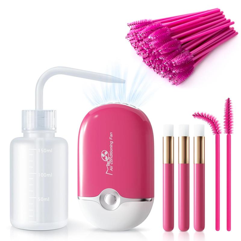 Lash Eyelash Fan Kit for Lash Extension Mini Portable Fans with 50 Lash Shampoo Brush 3 Nose Blackhead Facial Cleaning Brush 1 Plastic Wash Bottle (ROSE)