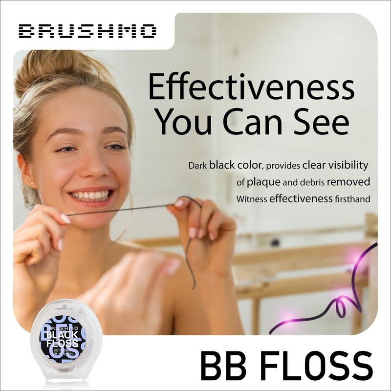 Brushmo Black Floss (BB Floss), 3 spool (165 yd) Mint, Non-Toxic PTFE & PFAS Free, US Dentist-Designed, Stain-Absorbing, Woven Expanding, Natural Wax to Prevent Gum Disease, Oral Care for Adults