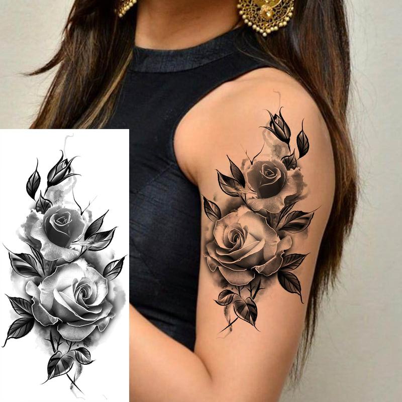 Aesthetic Rose Pattern Temporary Tattoo Sticker, Long Lasting Fake Tattoo Sticker, Body Art Sticker for Women & Girls, Christmas Gift