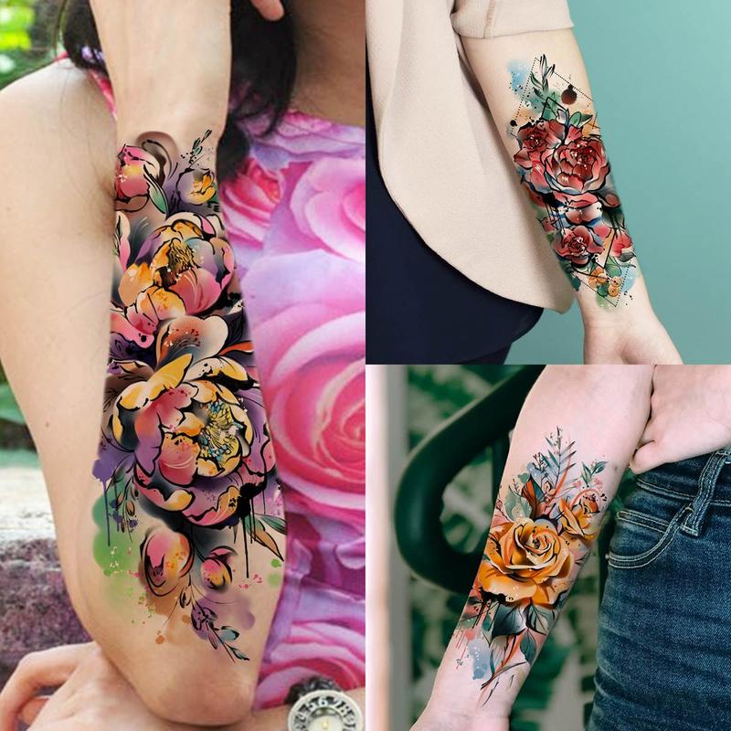 63pcs set Watercolor Flower & Animal Pattern Tattoo Sticker, Fake Tattoo Sticker for Women & Men, Temporary Body Art Decoration, Fake Tattoos Custom