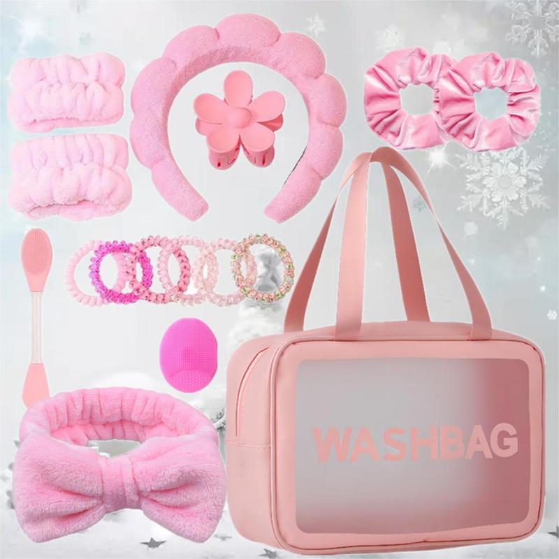 Makeup Removal Tool Set (16pcs set), Wash Bag & Headband & Wristband & Hair Claw & Hair Tie & Hair Hoop & Face Washing Tools, Portable Travel Wash Bag, Christmas Gift