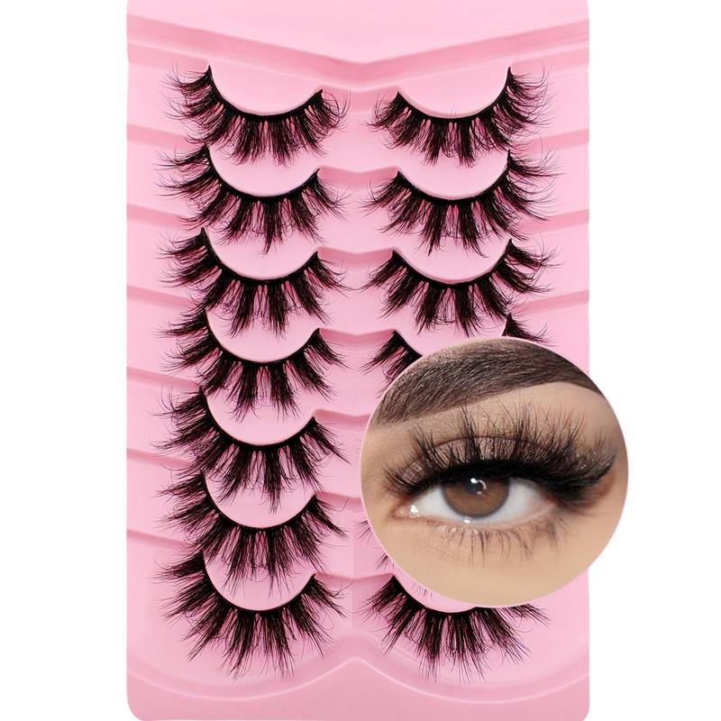 Fluffy False Eyelashes, 7 Pairs Wispy Cat Eye Look Faux Cluster Lashes, Natural Curling Eye Makeup Strip Lashes for Women & Girls Eye Makeup Enhancement