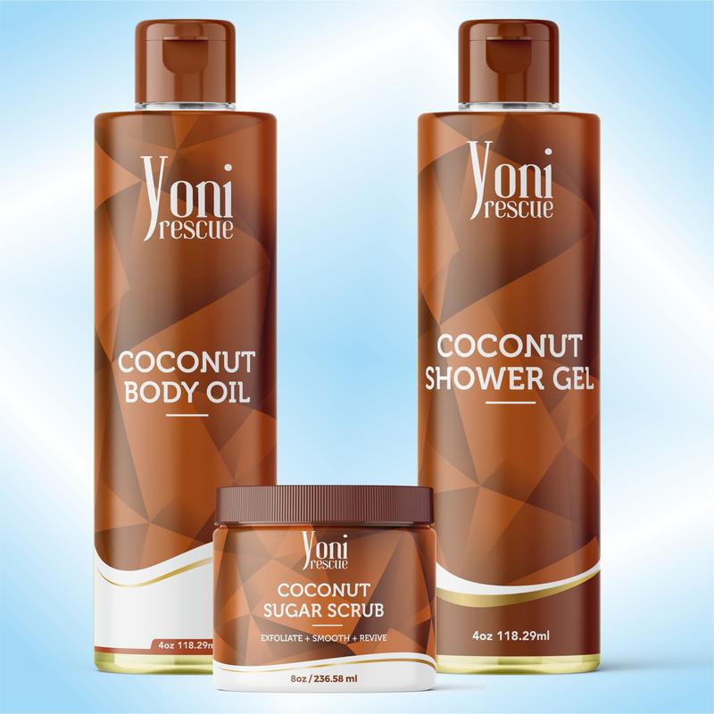 Coconut Body & Bath Care Set- Shower Gel(4oz),  Body Essential Oil(4oz) 100% All Natural with Sugar Scrubs(8oz) by Yoni Rescue