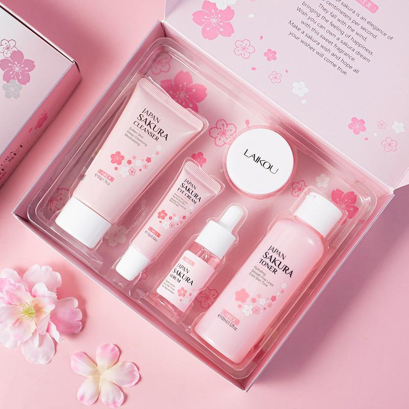 Sakura Skin Care Set, 5 Counts box Moisturizing Facial Cream & Serum & Toner & Facial Cleaner & Eye Cream, Hydrating Skin Care Kit for Women