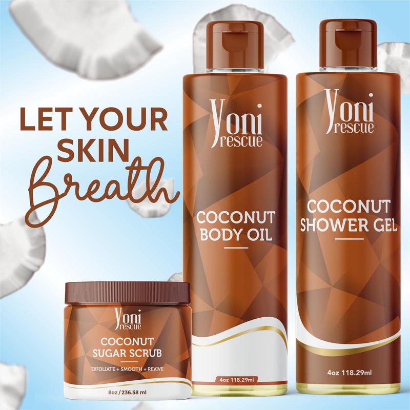 Coconut Body & Bath Care Set- Shower Gel(4oz),  Body Essential Oil(4oz) 100% All Natural with Sugar Scrubs(8oz) by Yoni Rescue