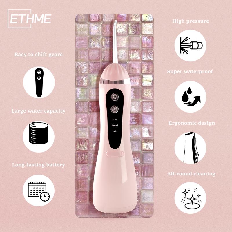 ETHME A16 Christmas Portable Dental Water Flosser Pink Oral Irrigator with 3 Modes and Replaceable Jet Tips for Braces Plaque Remover Waterproof Gift