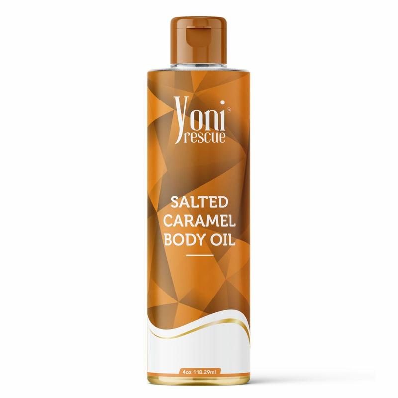 Salted Caramel Body Oil, 4oz, with Apricot, Jojoba, Avocado Oils & Vitamin E Oil, Fast-Absorbing, Nourishes and Hydrates Skin, Skin Repair, Body Care, Ideal for All Skin Types, Strawberry Pineapple Fragrance Moisturizer by Yoni Rescue