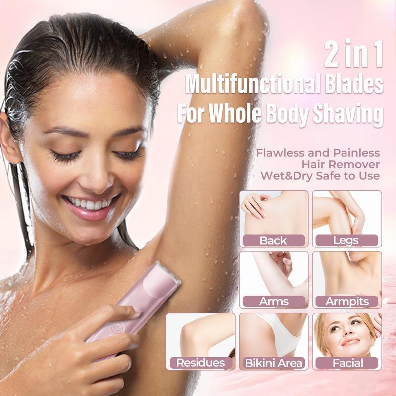 Bikini Trimmer for Women, Akunbem Electric Shaver and Razor Rechargeable 2-in-1 Body and Facial Hair Removal Double Head for Painless Trimming of Pubic Face Underarm Legs, IPX7 Waterproof, pink