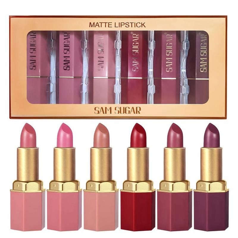 Long Lasting Matte Lipstick Set, 6 Counts set Moisturizing Shimmer Lipstick, Glossy Lip Glaze Stick, Plumping Lipstick for Girls & Women, Christmas Gift