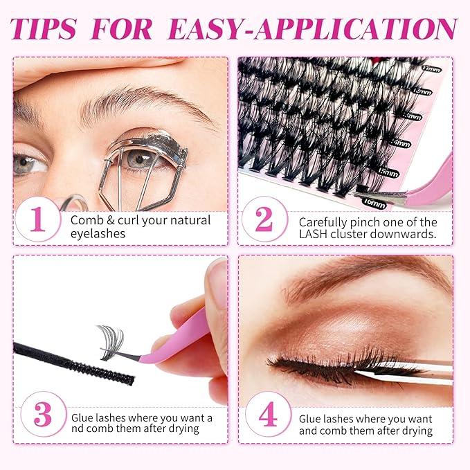 DIY Eye Lash Clusters Extensions Kit, Individual Cluster Lashes with Bond & Seal and Applicator, Soft & Comfortable, Stable Curvature, False Eyelash Cluster Kit At Home