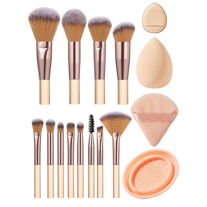 Facial Makeup Tools Set, Including 12 Makeup Brush Set with 1 Fan Powder Puff & 1 Large Makeup Sponge Egg & 1 Thumb Puff & 1 Cleaning Bowl