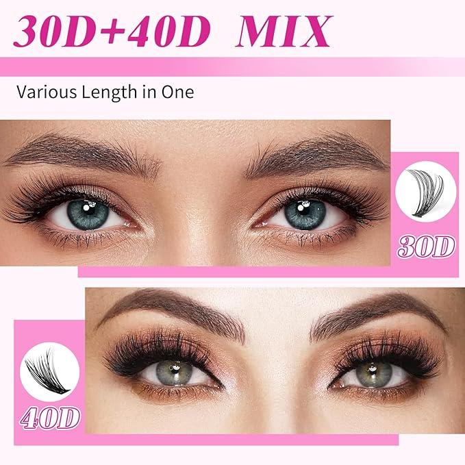 DIY Eye Lash Clusters Extensions Kit, Individual Cluster Lashes with Bond & Seal and Applicator, Soft & Comfortable, Stable Curvature, False Eyelash Cluster Kit At Home