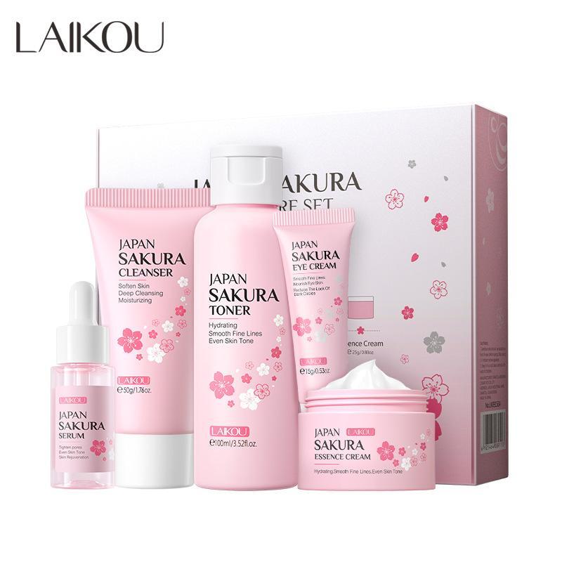 Sakura Skin Care Set, 5 Counts box Moisturizing Facial Cream & Serum & Toner & Facial Cleaner & Eye Cream, Hydrating Skin Care Kit for Women