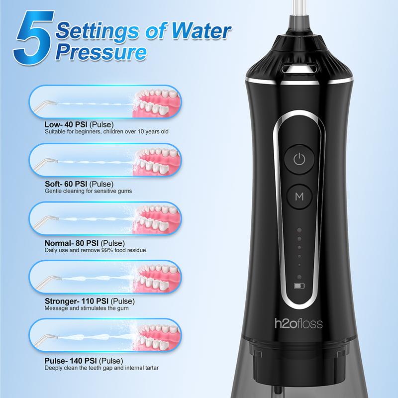 h2ofloss Water Dental Flosser 300ML Watertank & Whitening Tablet lPX7Waterproof Plus 5 Modes,Cordless Oral lrrigator P11-Black