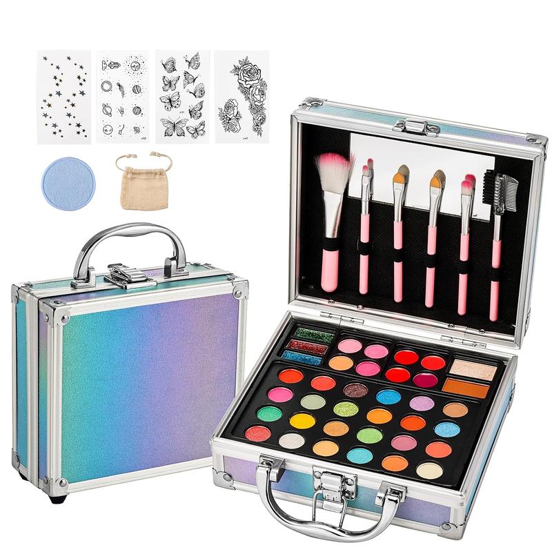 All-in-One Makeup Carry Case with Pro Teen Makeup Set, Full Starter Cosmetics Kit with Makeup Brushes, Eye Shadows Palette, Blushes, Glitter Gel, Temporary  Stickers - Blue