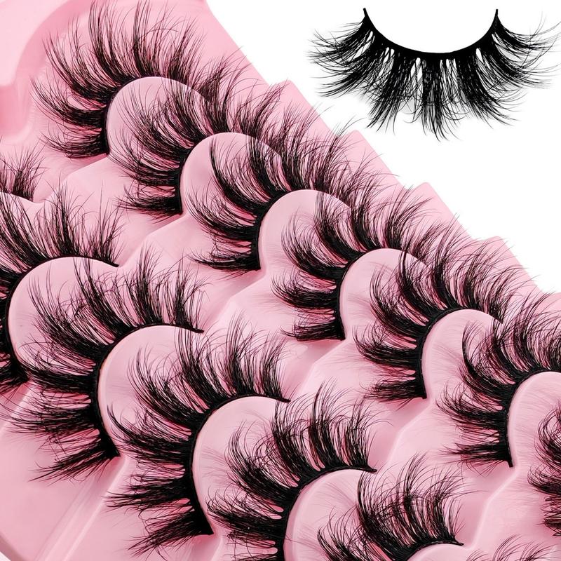 Fluffy False Eyelashes, 7 Pairs Wispy Cat Eye Look Faux Cluster Lashes, Natural Curling Eye Makeup Strip Lashes for Women & Girls Eye Makeup Enhancement