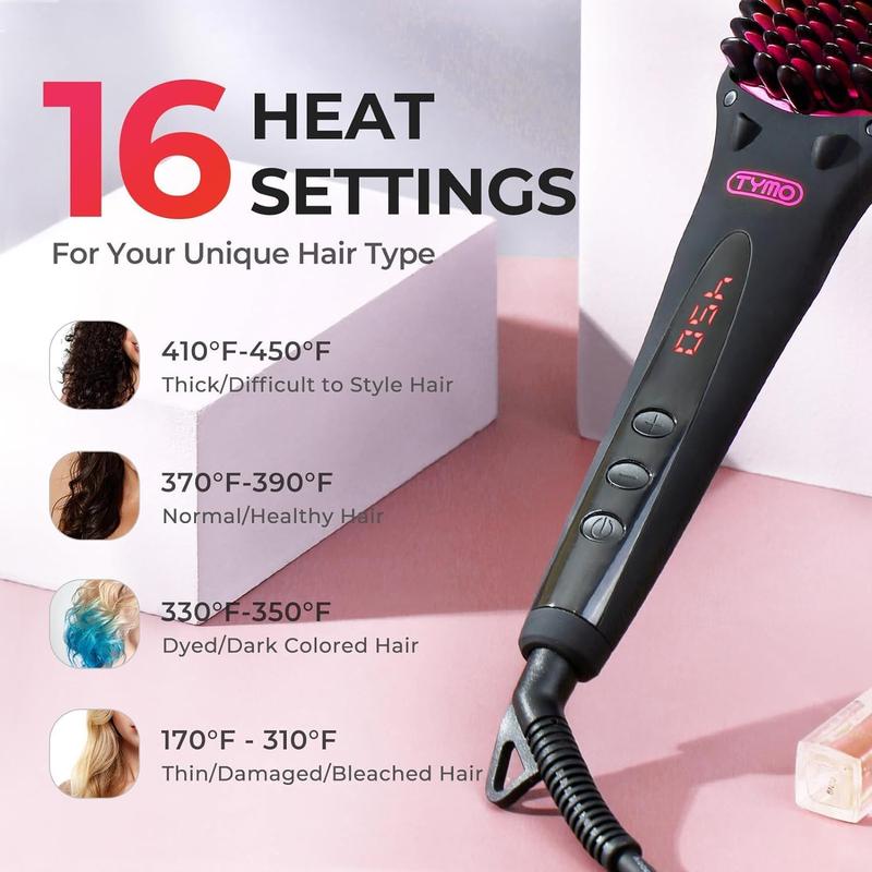 TYMO One-Step Hair Straightening Brush with Negative Ions, Ceramic Heating, 16 Temperature Settings, LCD Display, and Anti-Scald Safety Design for All Ages