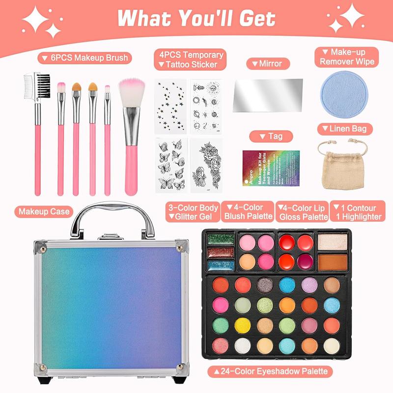 All-in-One Makeup Carry Case with Pro Teen Makeup Set, Full Starter Cosmetics Kit with Makeup Brushes, Eye Shadows Palette, Blushes, Glitter Gel, Temporary  Stickers - Blue