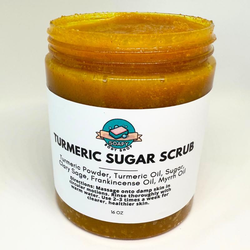 Turmeric Sugar Scrub, Exfoliating Body Scrub, Even Out Skin Tone, Glowing Skin, Radiant Skin, Turmeric Oil, Clary Sage, Frankincense Oil, Myrrh Oil