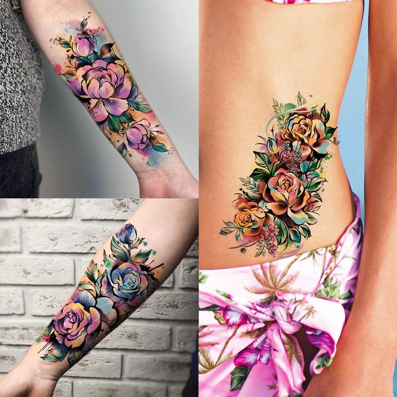 63pcs set Watercolor Flower & Animal Pattern Tattoo Sticker, Fake Tattoo Sticker for Women & Men, Temporary Body Art Decoration, Fake Tattoos Custom