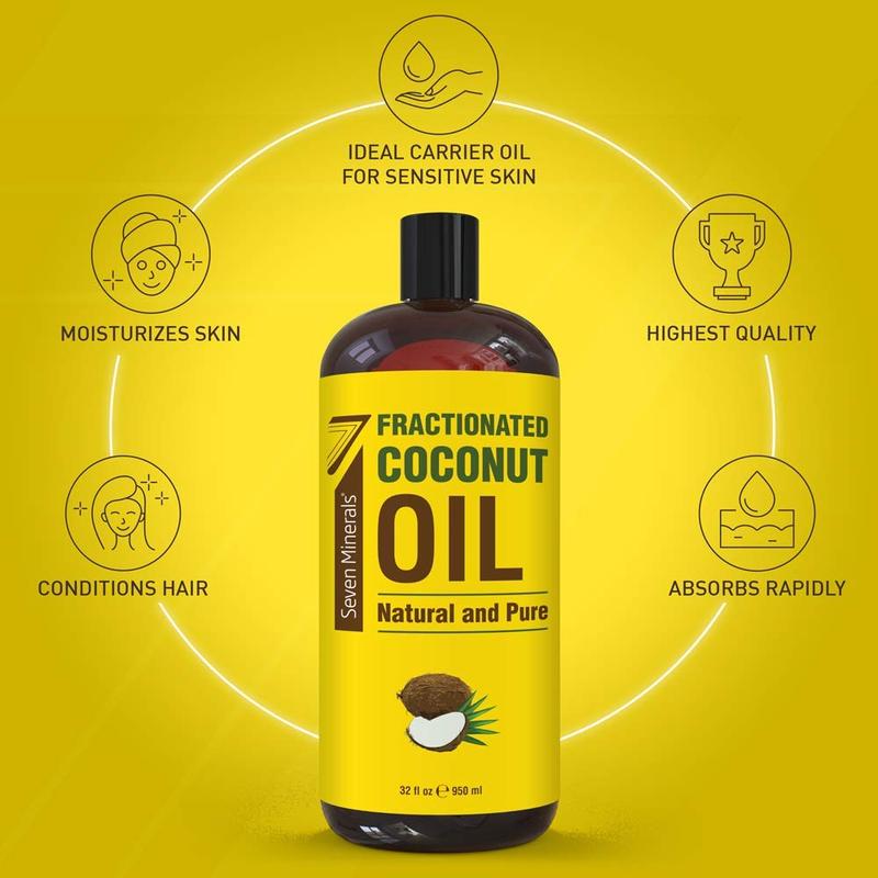 Seven Minerals, Pure Fractionated Coconut Oil - Non-GMO, 100% Natural, Lightweight Body Care Massage Oil for Comfort Skin, Hair, Cosmetic