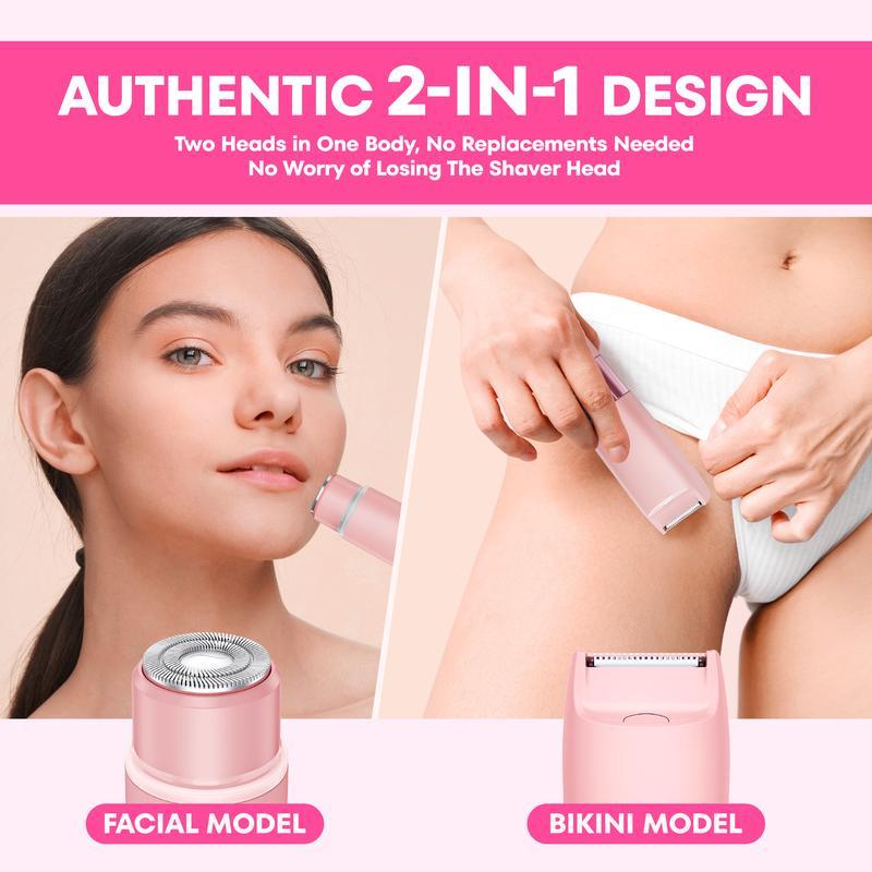 Bikini Trimmer for Women, Akunbem Electric Shaver and Razor Rechargeable 2-in-1 Body and Facial Hair Removal Double Head for Painless Trimming of Pubic Face Underarm Legs, IPX7 Waterproof, pink