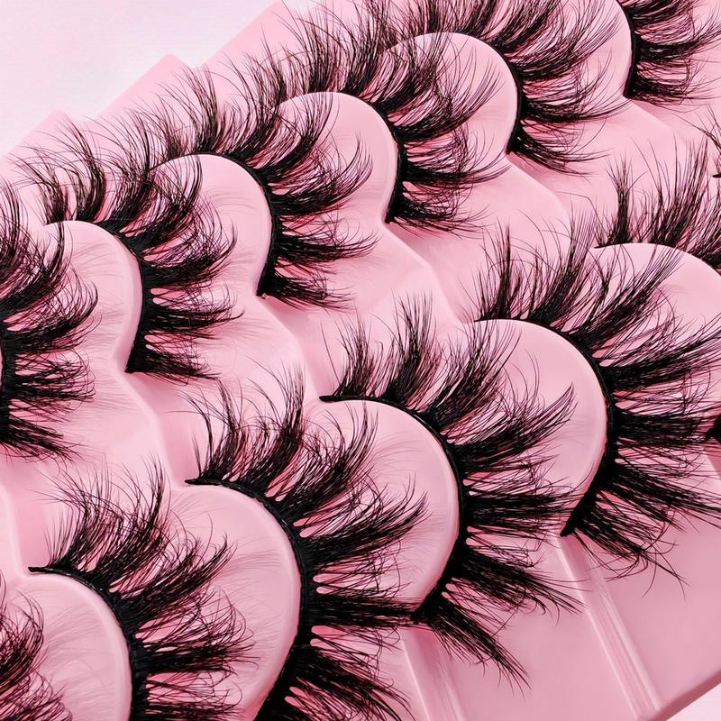 Fluffy False Eyelashes, 7 Pairs Wispy Cat Eye Look Faux Cluster Lashes, Natural Curling Eye Makeup Strip Lashes for Women & Girls Eye Makeup Enhancement