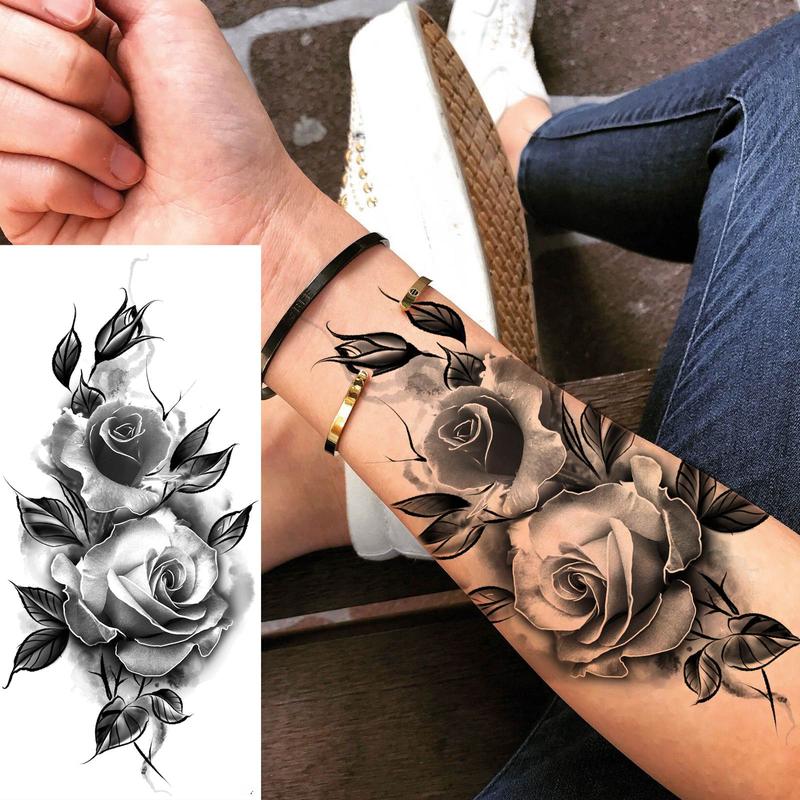 Aesthetic Rose Pattern Temporary Tattoo Sticker, Long Lasting Fake Tattoo Sticker, Body Art Sticker for Women & Girls, Christmas Gift