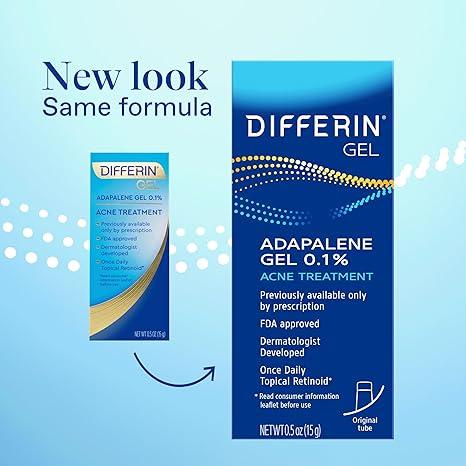 Differin Acne Gel for Sensitive Skin, Retinoid 0.1% Adapalene Acne Treatment, 30-Day Supply, Gentle Face Care, 15g Tube (Packaging May Vary)